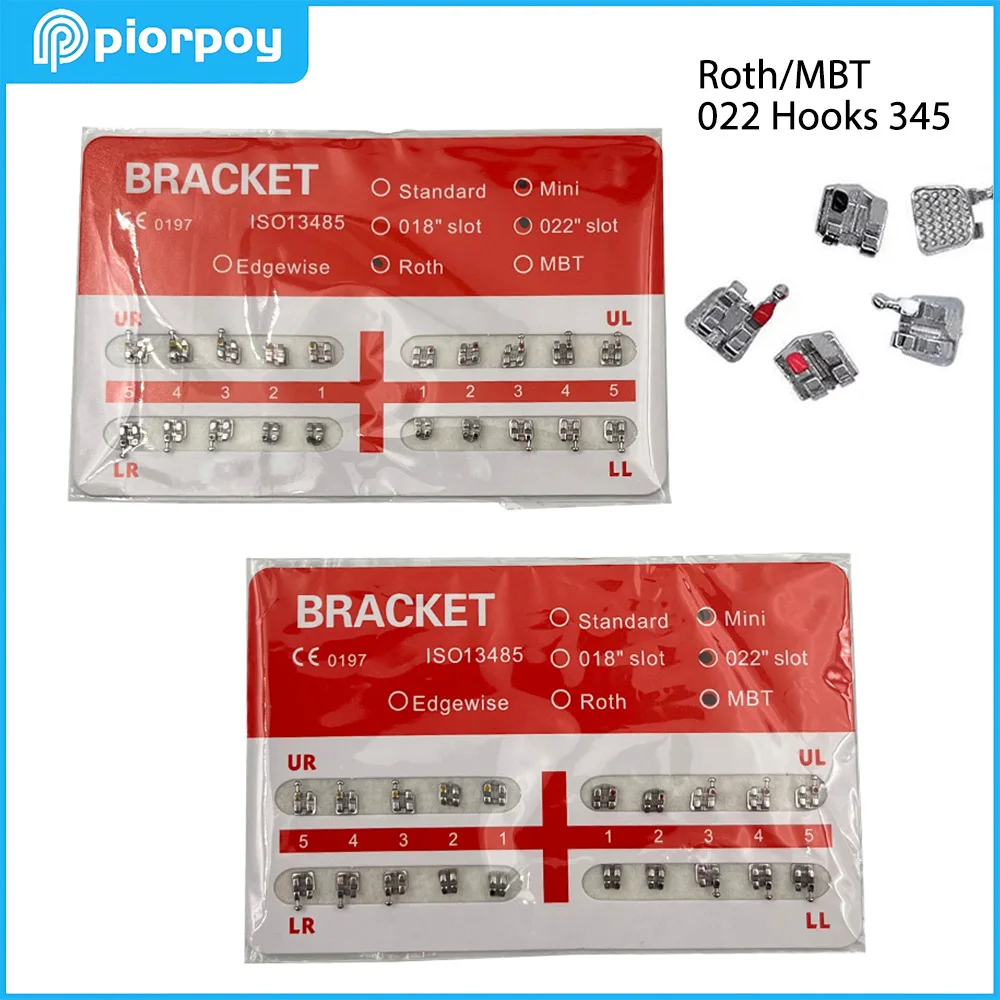 PIORPOY - Paquete de 1 Soporte de Ortodoncia Dental, Brackets Metálicos para Dientes, Mini Monoblock y Ranura Roth MBT Estándar 0.022 0.018, Ganchos 345