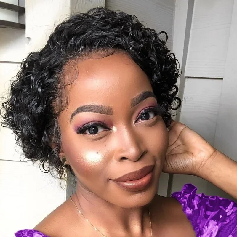 

13x1 Lace Front Wigs Human Hair Water Wave Pixie Cut Bob Wigs For Women 100% Human Hair Wigs