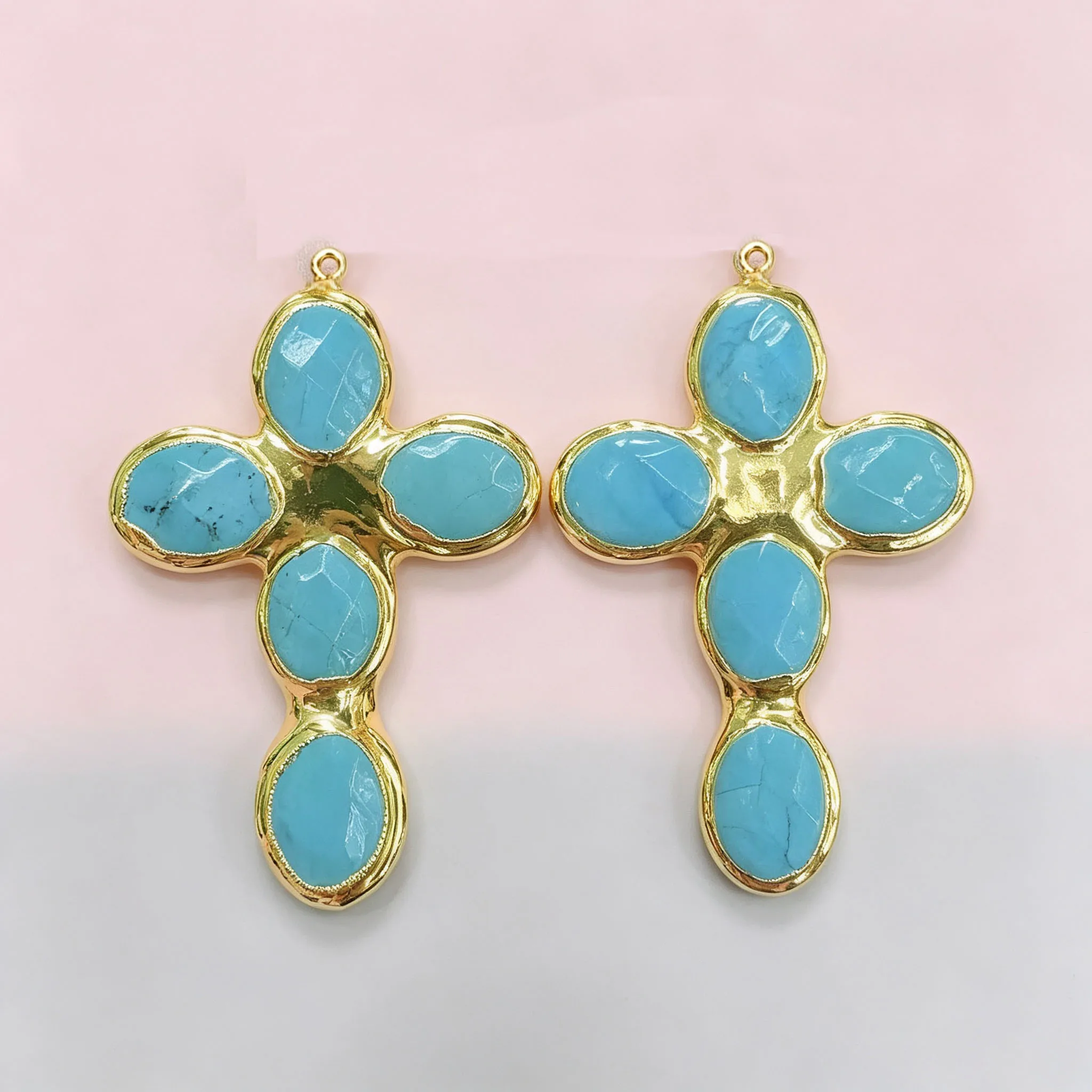 2pcs Gold Plated Edge Blue Turquoise Pendant Designer Gems Jewelry