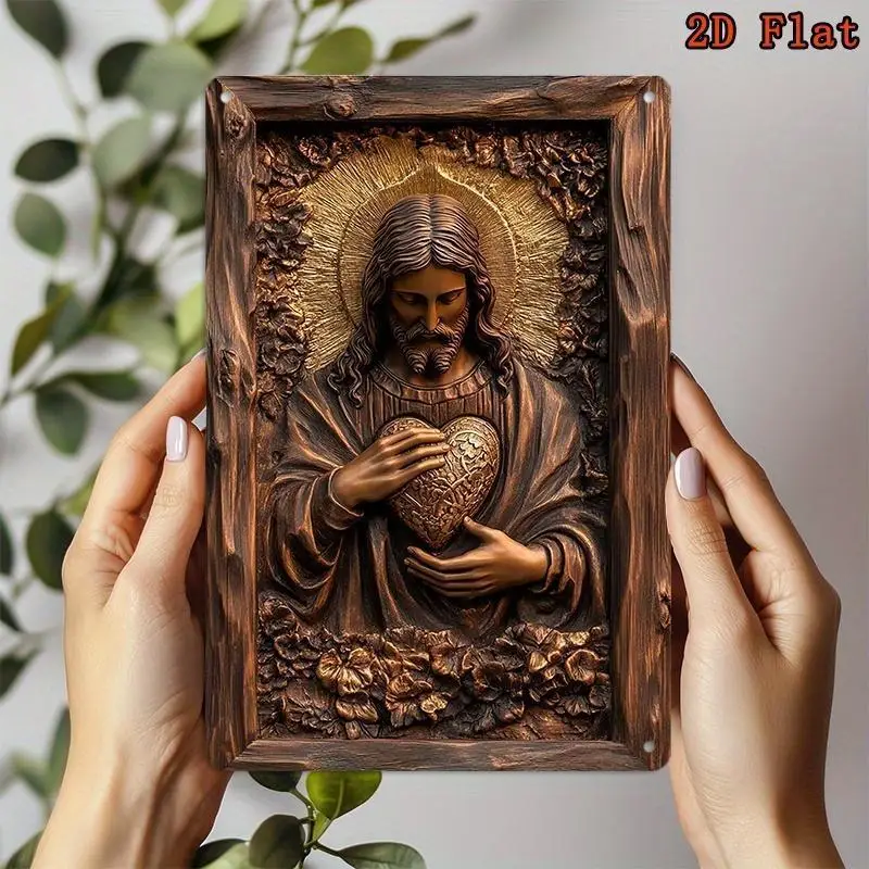 Religious Sacred Heart of Jesus Metal Wall Decor, Durable Flat 2D Sign for Home Living Room Bedroom Gift
