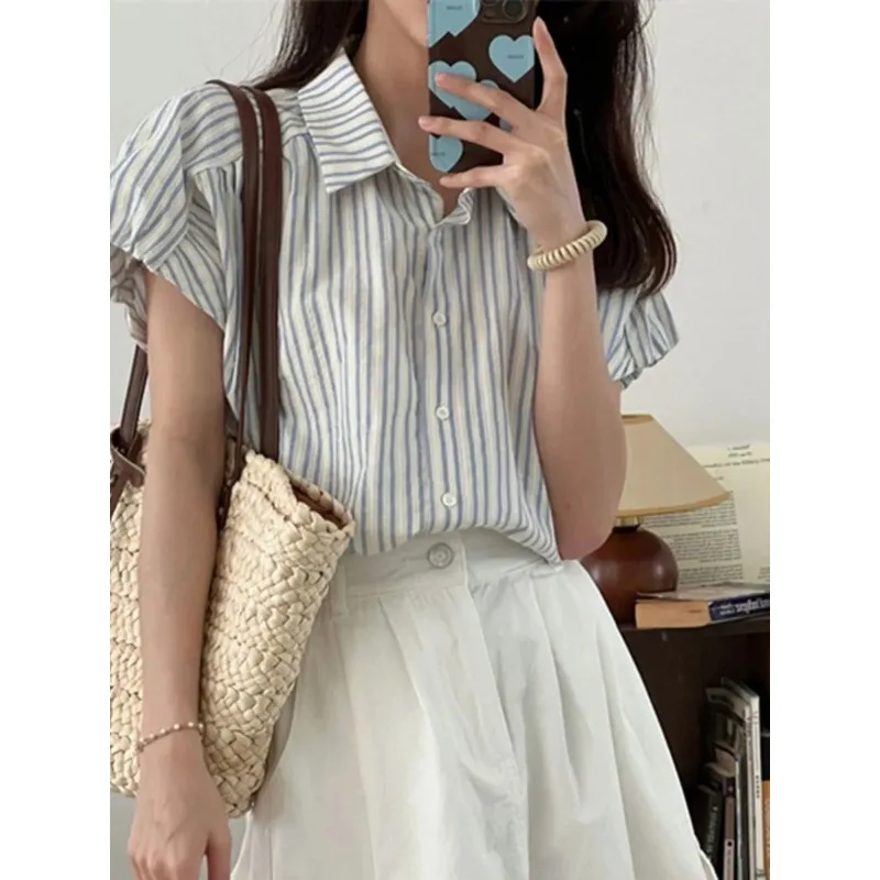 

Women's Blue Striped Short Sleeve Shirt Summer Korean Style Loose Casual Blouse Button Down Lightweight Top