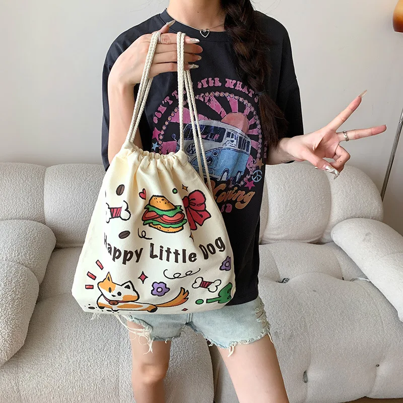 Canvas Bag for Women 25 New Model, Multi-Purpose Drawstring Pocket Large Capacity Canvas Bag Backpack Cute and Simple Cloth Bag