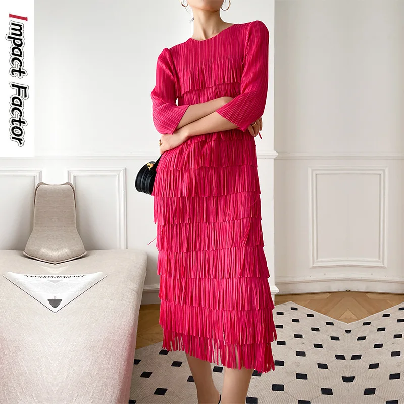 Pleated Tassel Dress for Women in Early Autumn 2024 Spring, New Elegant and Elegant Style, 3/4 Sleeve Cake Skirt Long Skirt