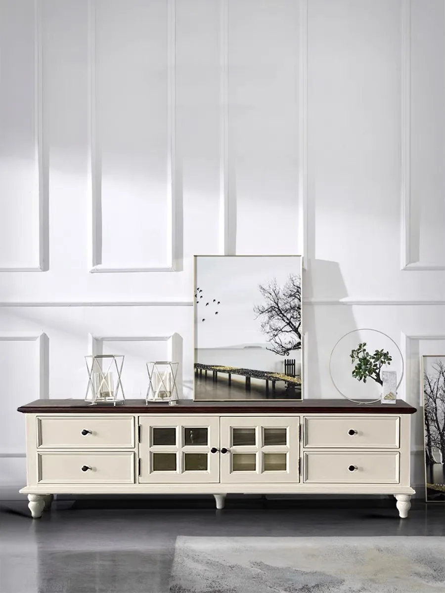 Mobile TV rurale americano in legno massello retrò bianco avorio soggiorno semplice mobile TV