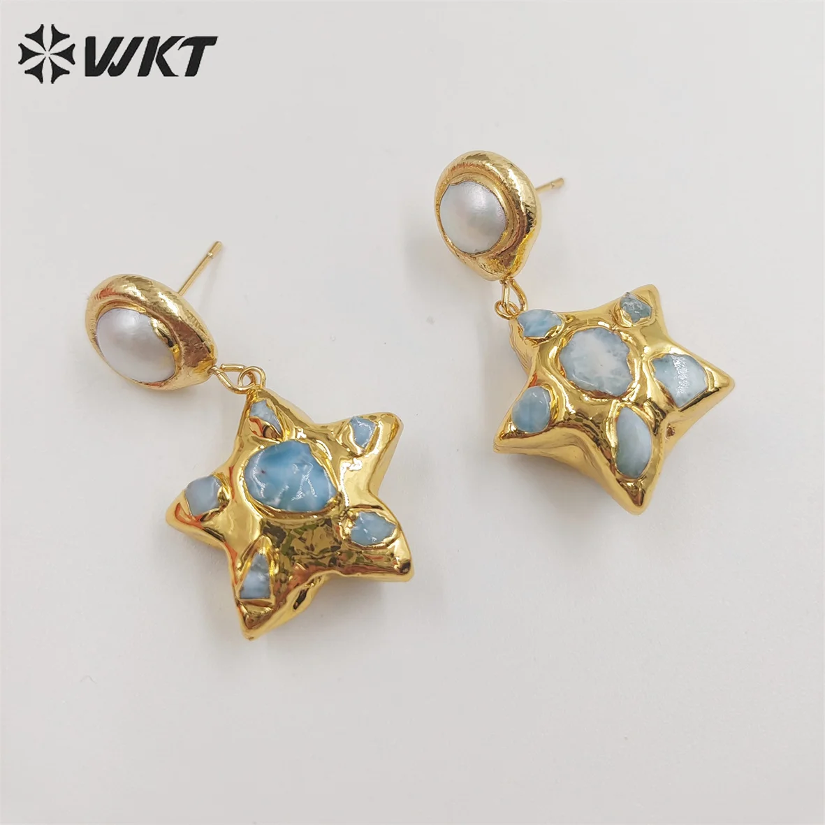 WT-E674 Unique Gorgeous Natural Ocean Jasper Stone Star Earrings With Pearl Studs 18k Real Gold Plated Charming Pendant ACC