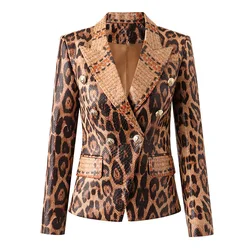 Leopard Print Leather Jacket For Women Notched Collar Long Sleeve Patchwork Button Slim Blazers Female