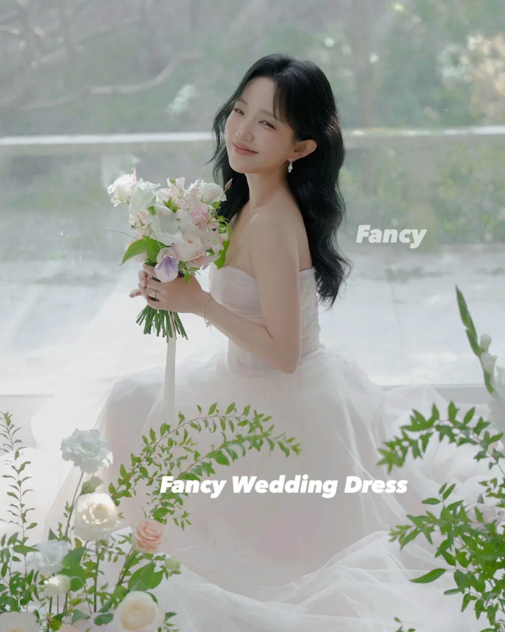Fancy Graceful Off Shoulder Wedding Dress Korea Photo Shoot A Line Soft Tulle Bridal Gown Back Corset Customized