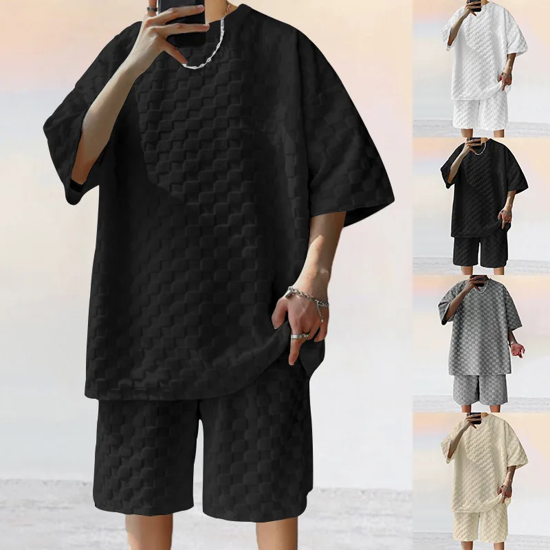European and American Oversized Fashion Brand Men's Summer New Chessboard Plaid Loose Sports and Leisure Two-Piece Set image 2