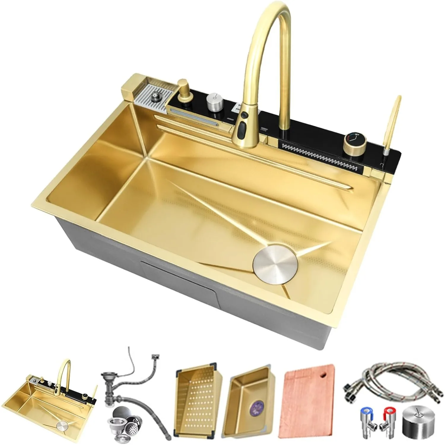 Kitchen Sink With LED Digital Display Waterfall Smart Sink Workstation 304 Stainless Steel Deep Single Bowl Drop In Nano Sinks