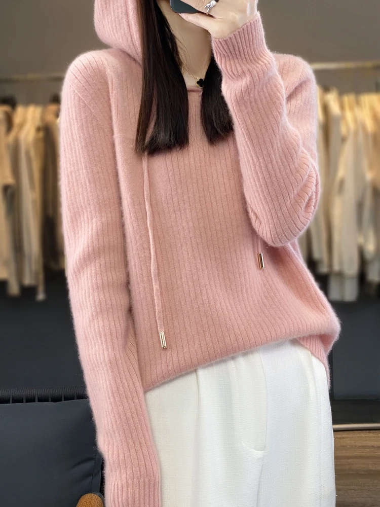 Women Sweater Casual Hoodie Pullover 100% Merino Wool Knitwear Long Sleeve Cashmere Autumn Winter Korean Style Female Clothing