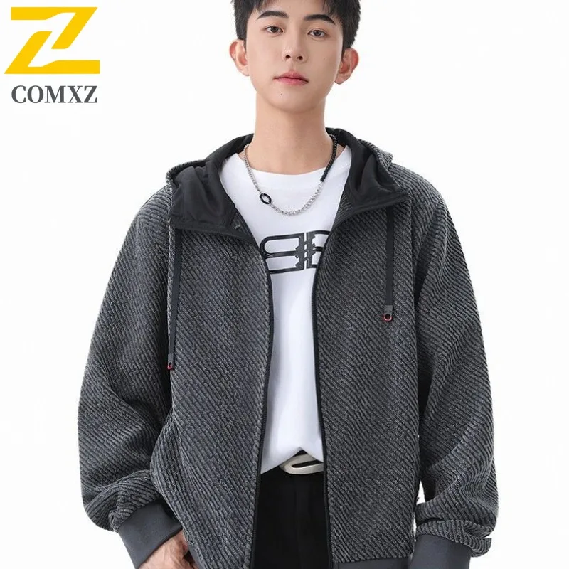

COMXZ 2025 Men Casual Loose Stripe Sport Hooded Coat Autumn Jacket Hooded Premium Trendy Handsome American Casual Coat Men Wear