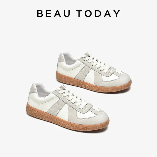 BEAUTODAY modne trampki damskie Split skóra krowa zamszowy Patchwork Design sznurowane mieszkania damskie buty treningowe ręcznie robione B29801