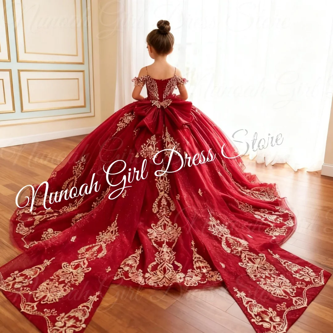 Red Lace Appliques Flower Girl Dresses for Wedding With Train Bow Floor Length Birthday Party First Communion Gowns Customized