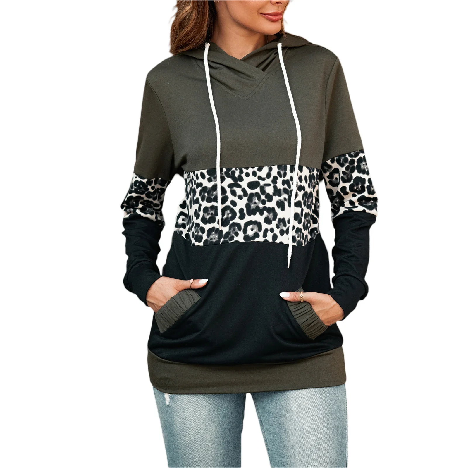 Women Spring Sweatshirt, Leopard Print Splicing Hooded Long Sleeves Pullover with Pockets  for Streetwear Grunge Clothes