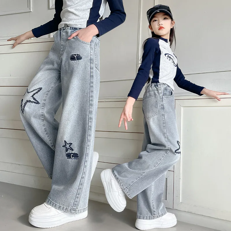 

Детские джинсы для девочек, свободная повседневная одежда с высокой талией, детская одежда, весенне-осенние брюки, джинсовые широкие брюки со звездами для девочек