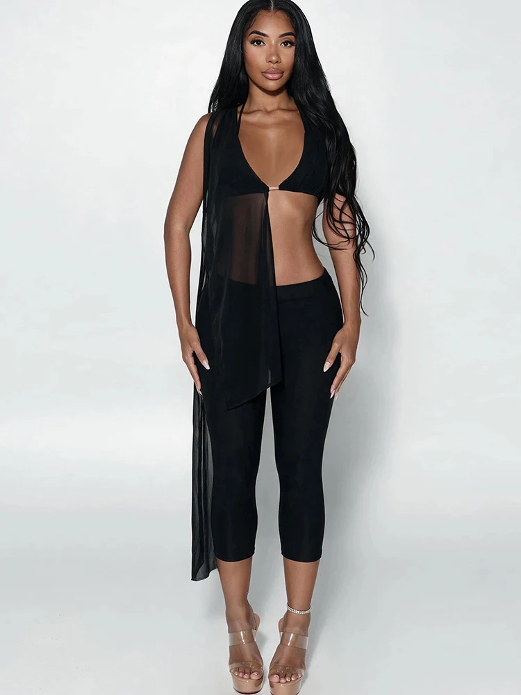 Weird Puss Mesh Patchwork Top mit tiefem Ausschnitt und rückenfreiem, unregelmäßigem Schnitt + Skinny Peach Hip Crop Hose, Midnight Sexy Fashion 2-teiliges Set – Detail 5