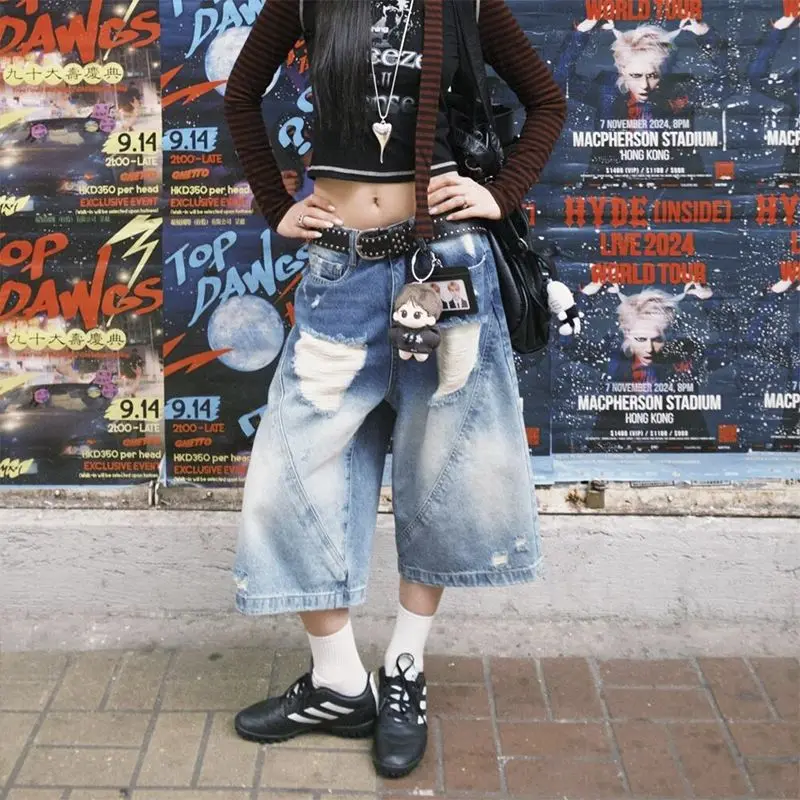 

American Design Vintage Hole Wide Leg Seven-Foot Jeans Women Summer Versatile Loose Casual Straight Wide Leg Pants