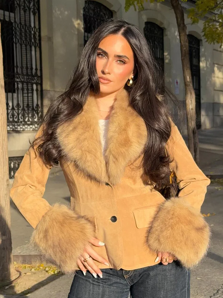 

HH Woman Long Sleeves Single Breasted Pocket Decoration Removable Fur Lapels Suede Suit Coat Female Leisure Coat