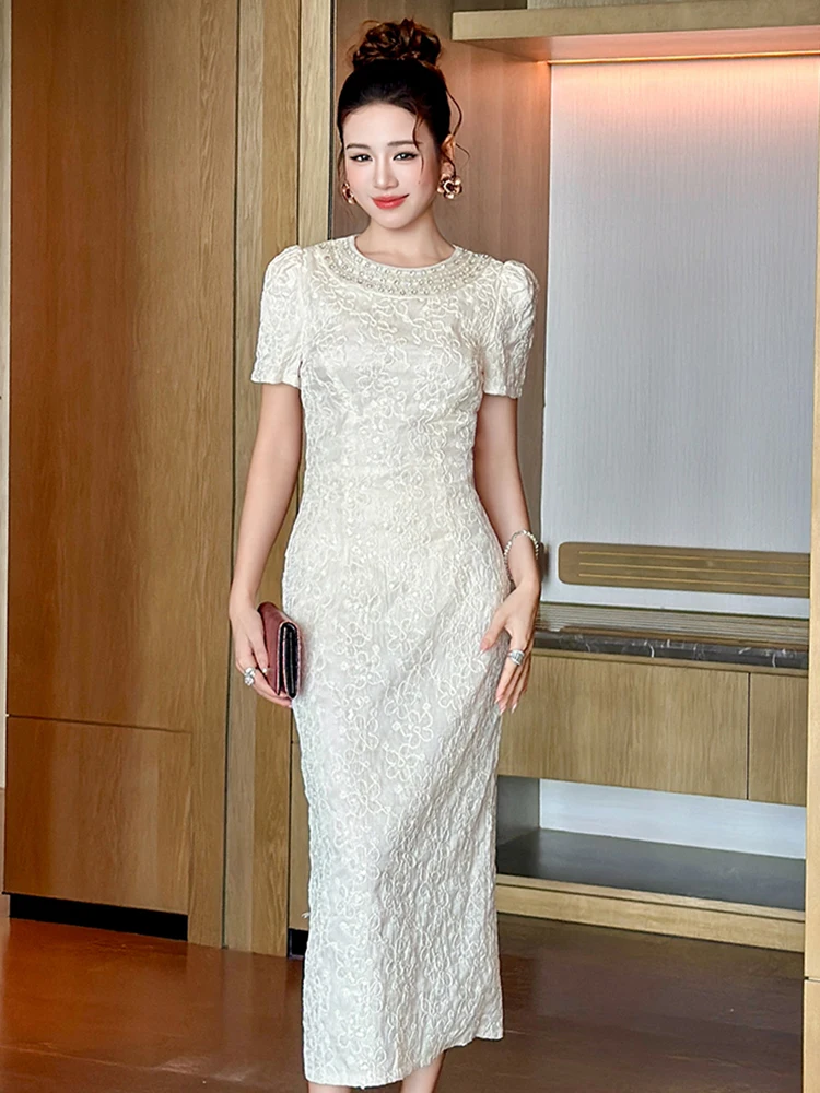 Robe de soirée élégante et Chic pour femmes, célébrité, perles, décolleté en diamant, coupe cintrée, mi-longue, Business