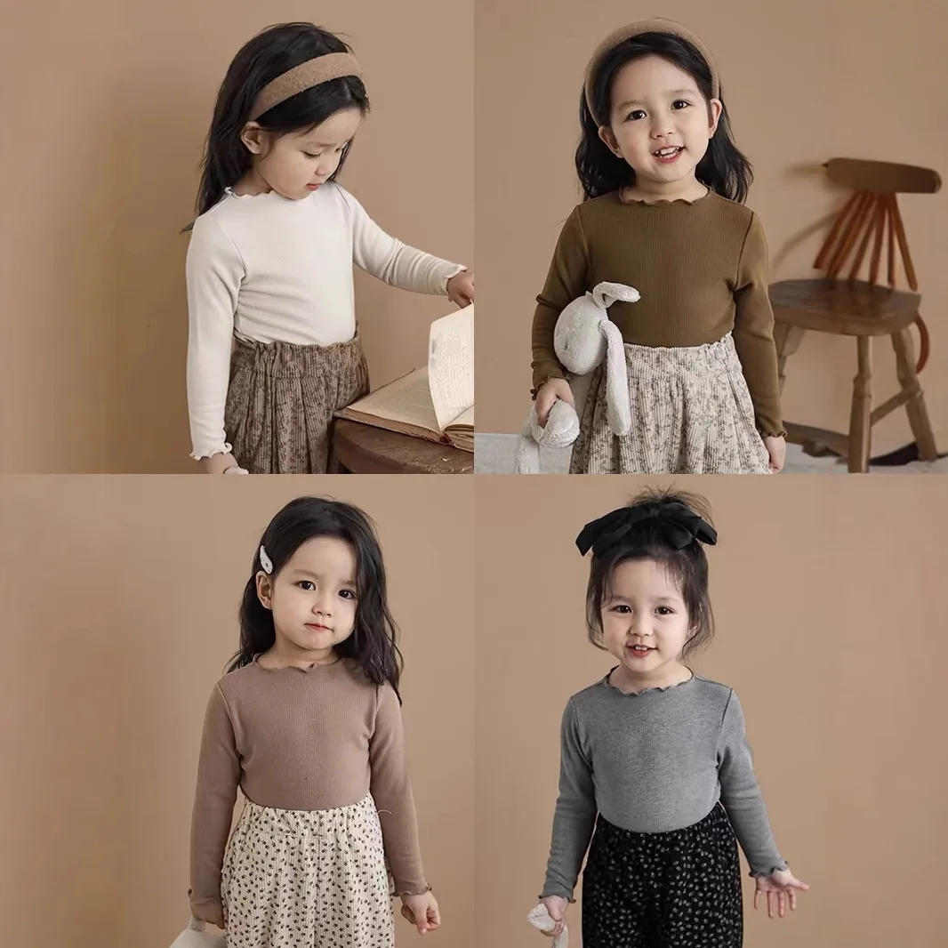 Girls’ Korean-Style Long Sleeve Top – Soft Stretch Knit with Lace Trim, Cashmere-Feel Layer for Spring & Fall Kids Clothes