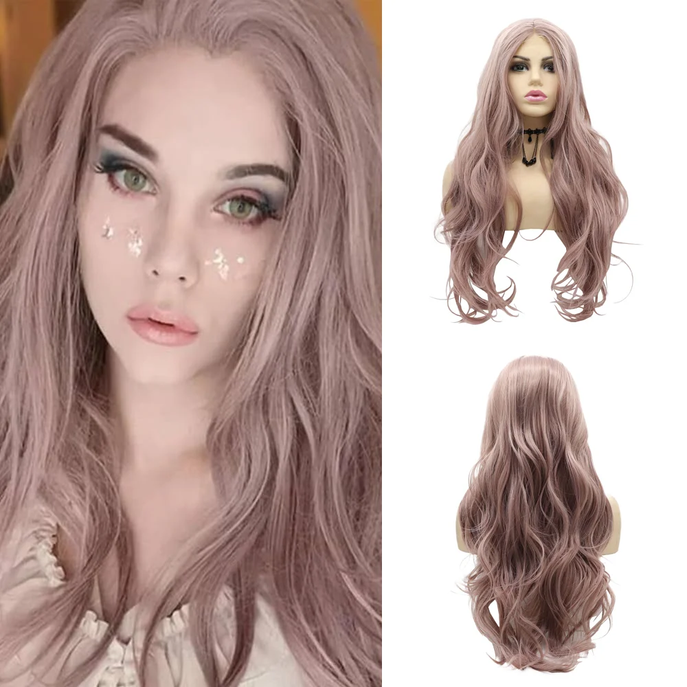 1 × 4 شعر صناعي بدانتيل أمامي على شكل حرف T 24 بوصة أرجواني وذهبي شعر مجعد مموج مناسب للحفلات اليومية للنساء شعر مستعار مقاوم للحرارة