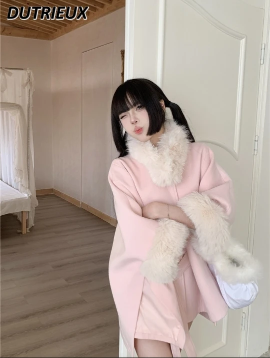 Oversize Sweet Girls Pink Fur Stitching Loose Wool Cape Coat Women's Autumn and Winter High-Grade Lace-up Mid-Length Jacket