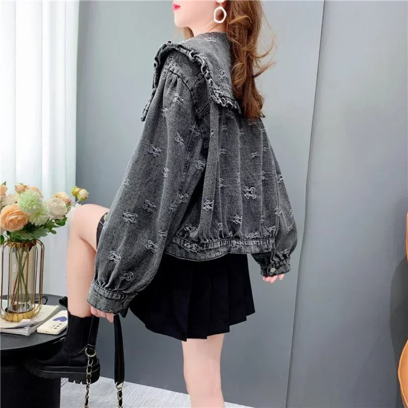 

New 2025 Peter Pan Collar Denim Jacket Women Korean Style Solid Long Sleeve Casual Jackets Woman