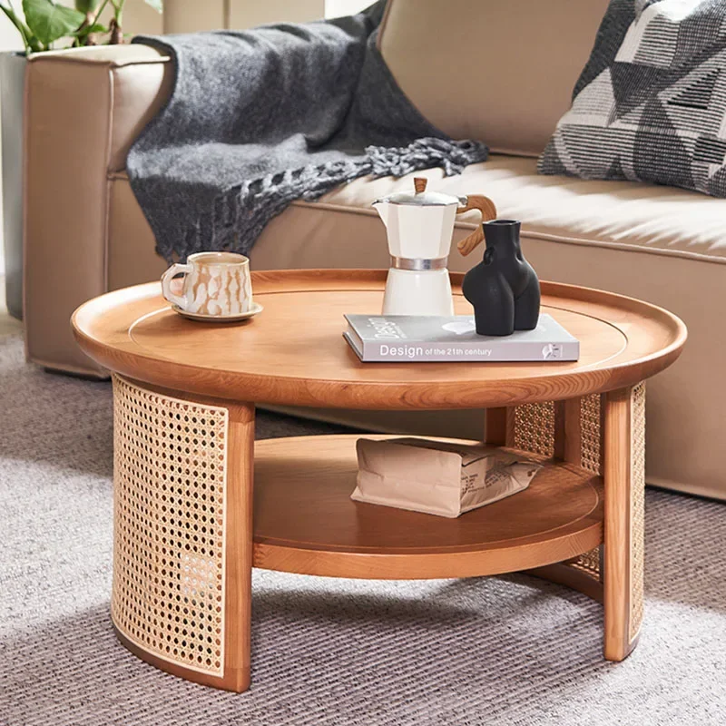 Japanese Rattan Coffee Table Solid Wood Round Side Table Low Profile Scandinavian Style Small Space Furniture Living Room Decor