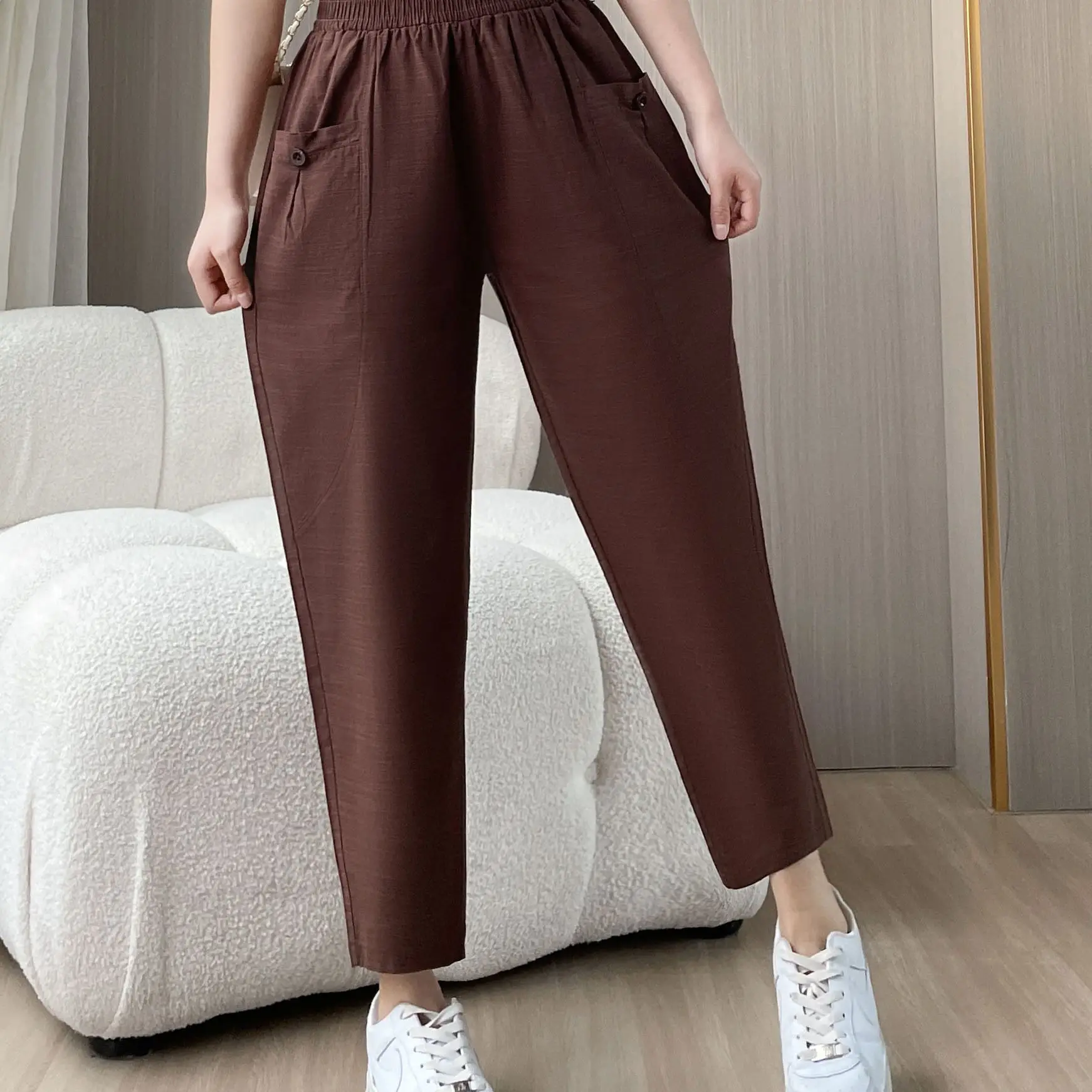 

Повседневные брюки. Летние женские брюки для среднего и пожилого возраста. Новые тонкие эластичные повседневные свободные шаровары с высокой талией и девятью точками.