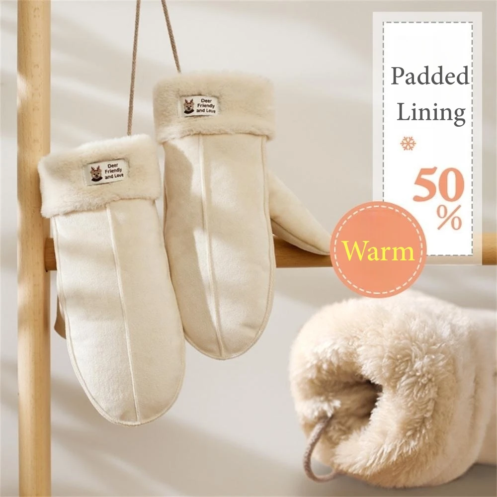 Women's Suede Plush Hanging Neck Gloves Winter Warm Windproof Gloves Outdoor Skiing Cold-Proof Student Mittens Christmas Gift