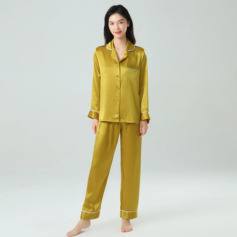 

19 мм 100% шелковый шелк, кардиган с длинными рукавами, пижама с брюками, однотонная женская ночная рубашка, пижама с лацканами, комплект из двух предметов