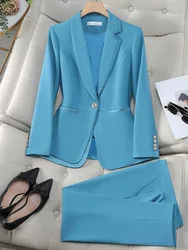 Fashion Blue Khaki Black Ladies Work Wear Blazer Pant Suit Women Female Formal Jacket and Trouser 2 Piece Set for Autumn Winter