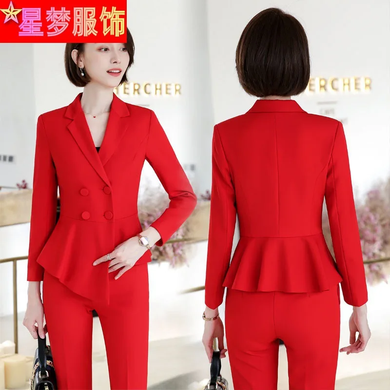 9508 Fashion Double Breasted Long Sleeve Business Wear Professional Skirt Suit Hotel Work Clothes Formal Suit Coat Spring