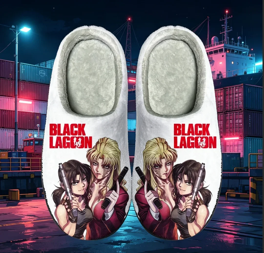 Pantuflas Unisex de Algodón con Diseño de Anime Black Lagoon, Pantuflas Cálidas de Felpa con Diseño de Revy Balalaika, Pantuflas Antideslizantes para Interiores para Hombres y Mujeres
