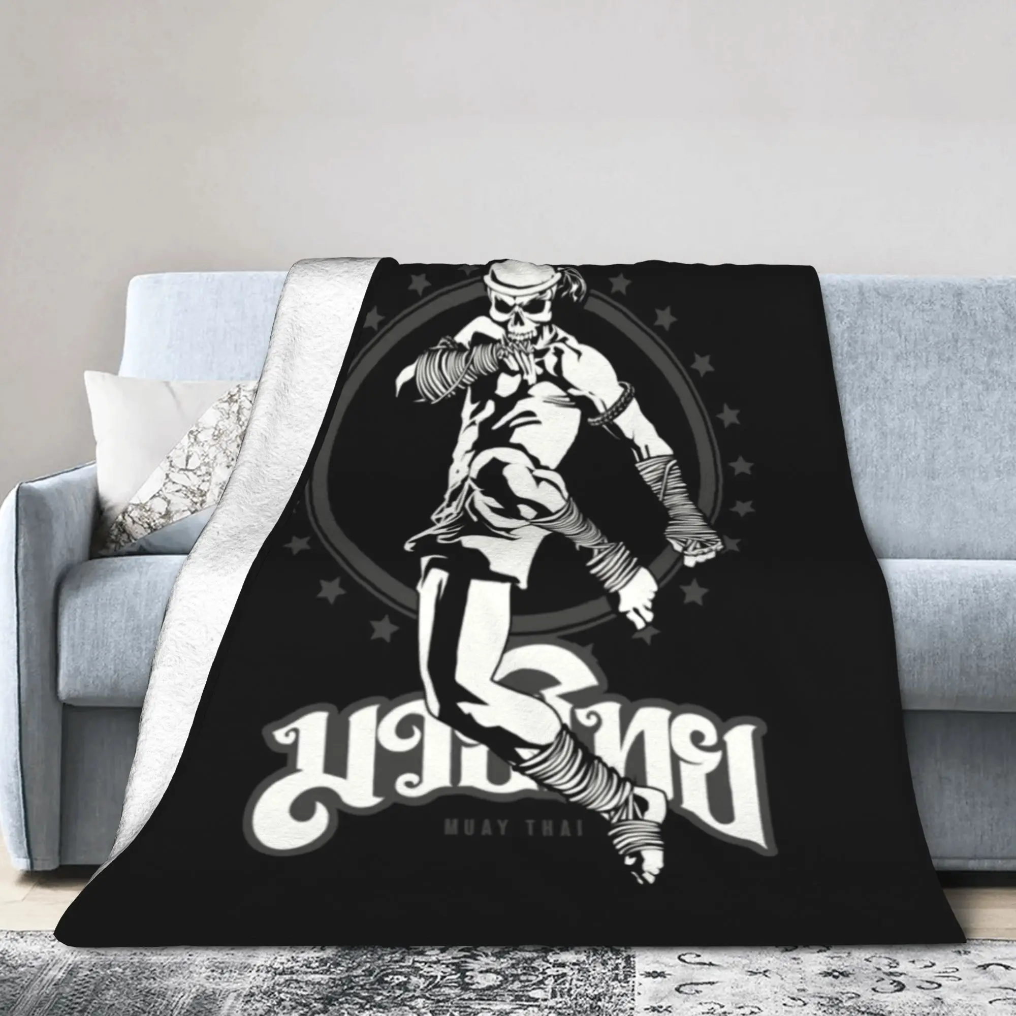 Custom 3D Print Muay Thai Skull Blankets Soft Flannel Winter Thailand Martial Art Sport Power Kick for Sofa Outdoor Bedroom