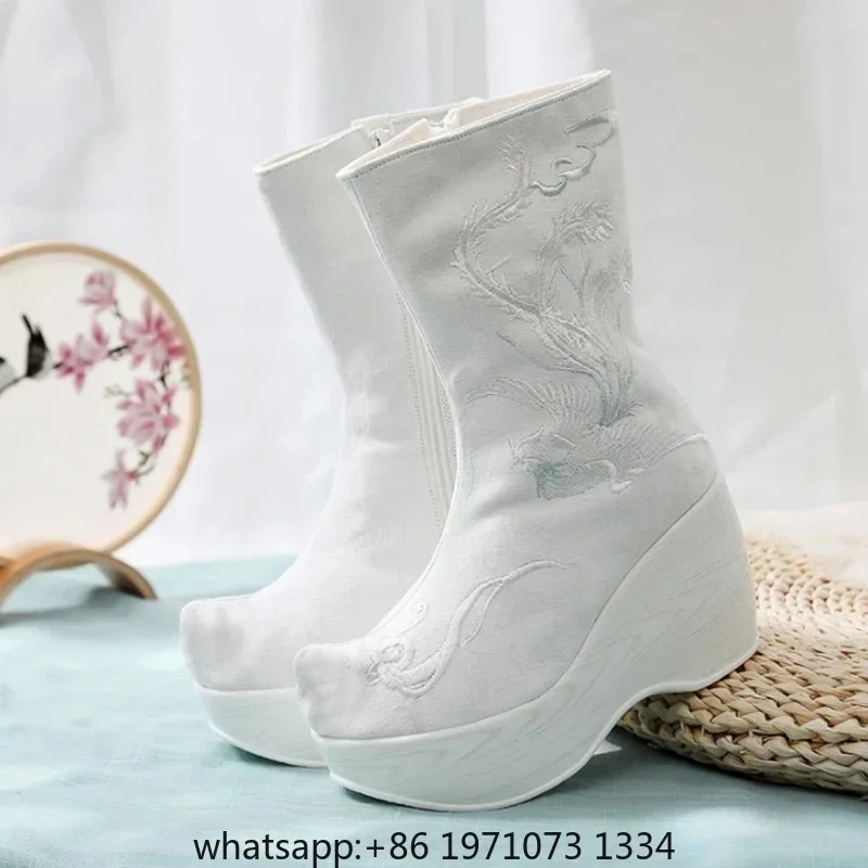 Chinese Hanfu Embroidered Boots Shoes Women Winter Vintage Hanfu High Heighten White Bow Soap Boots Shoes For Women Plus Size