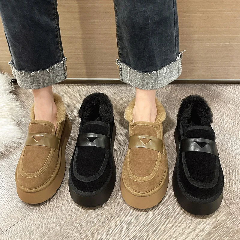 Winter Cotton Shoes Women Retro Round Head Plus Fleece Thick Bottom Warm Woolen Shoes New Fashion Slip-on Flat Cotton Shoes