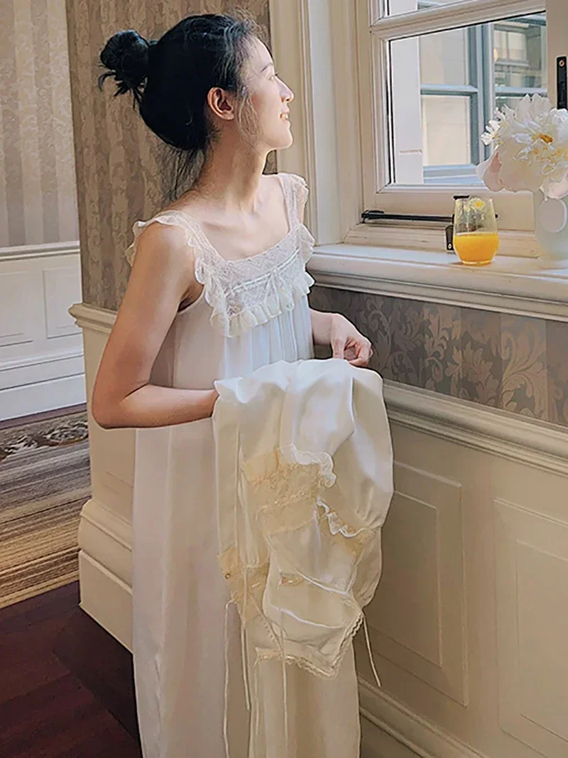 2024 Spring Summer New French Vintage Silk Princess Nightgown Lace Strap Two Piece Nightdress Morning Robe Victorian Sleepwear