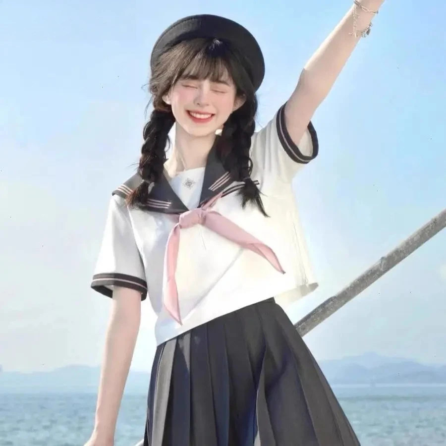 

Japanese High Waist Pleated Skirt Two piece Set JK Original Genuine Uniform Sailor Suit College Style Spring Summer Short Top