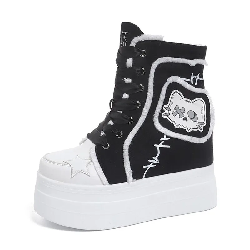 Gothic Platform High Top Sneakers for Women Wedge 10.5cm Heel Canvas Shoes Y2K Cute Cartoon Cat Patch Punk Lace-up Ankle Boots
