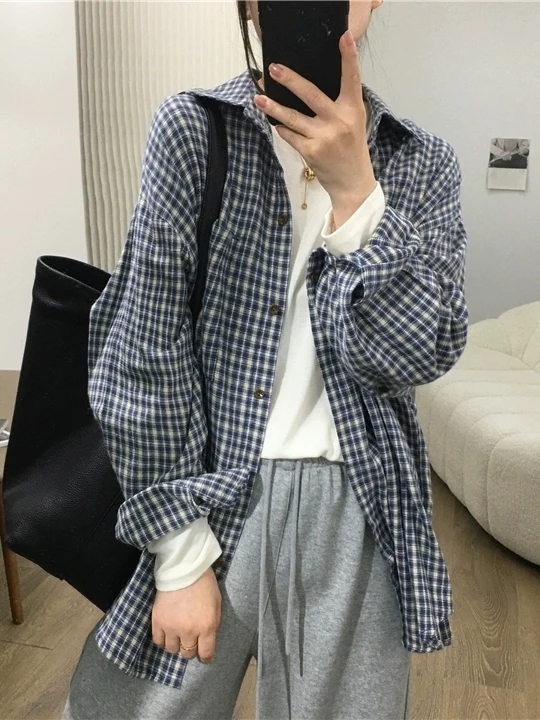 

Retro Blue Plaid Women's irt Spring Korean Sle Casual Loose Slimming Faionable Casual Versatile Cotton Long Sve irt