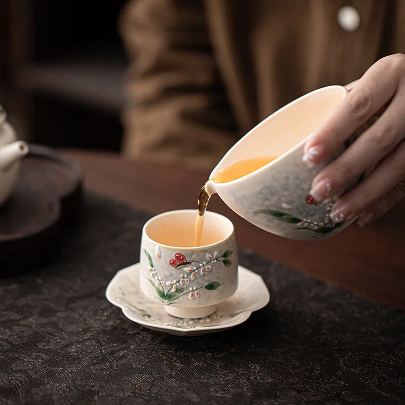Hand-painted Wenxinlan Ceramic Tea Cup - Owner's Cup for Ladies. Exquisite Tall Glass for Chinese Country-style Tea Drinking.