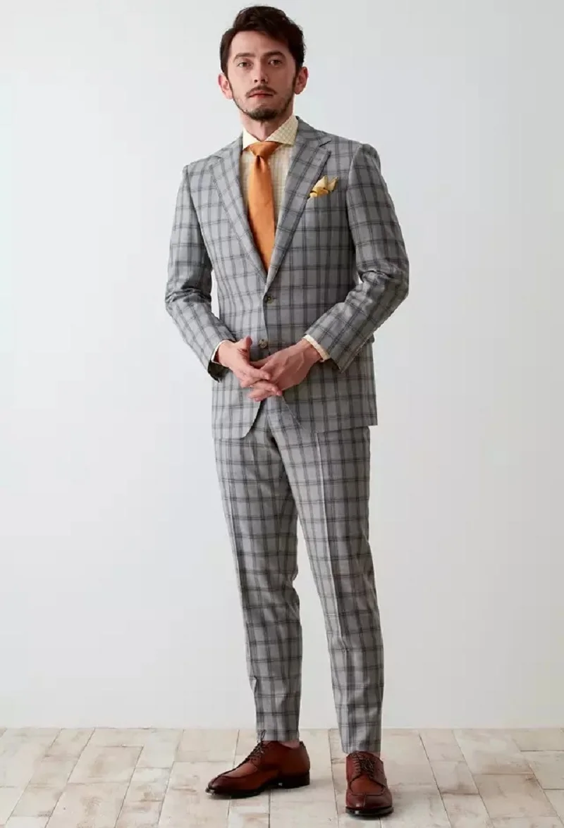 Plaid British Wedding Suits For Groom Notched Lapel Single Breasted Tuxedos 2 Pcs Jacket Pants Evening Party Customized