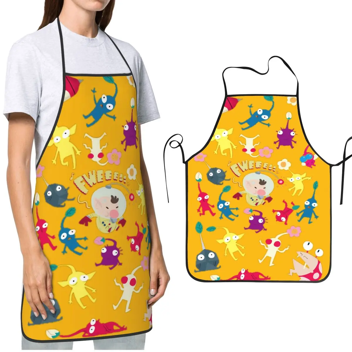 Funny Pikmin Fweeee Bib Apron Product Waterdrop Resistant Adjustable Neck Strap Baking Aprons for Women Men Chef