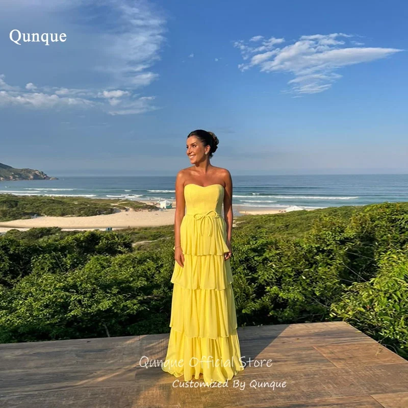 

Qunque Bright Yellow Bow Chiffon Evening Dresses Tiered A Line Vestidos De Fiesta Elegantes Beach Robes De Soirée Customized