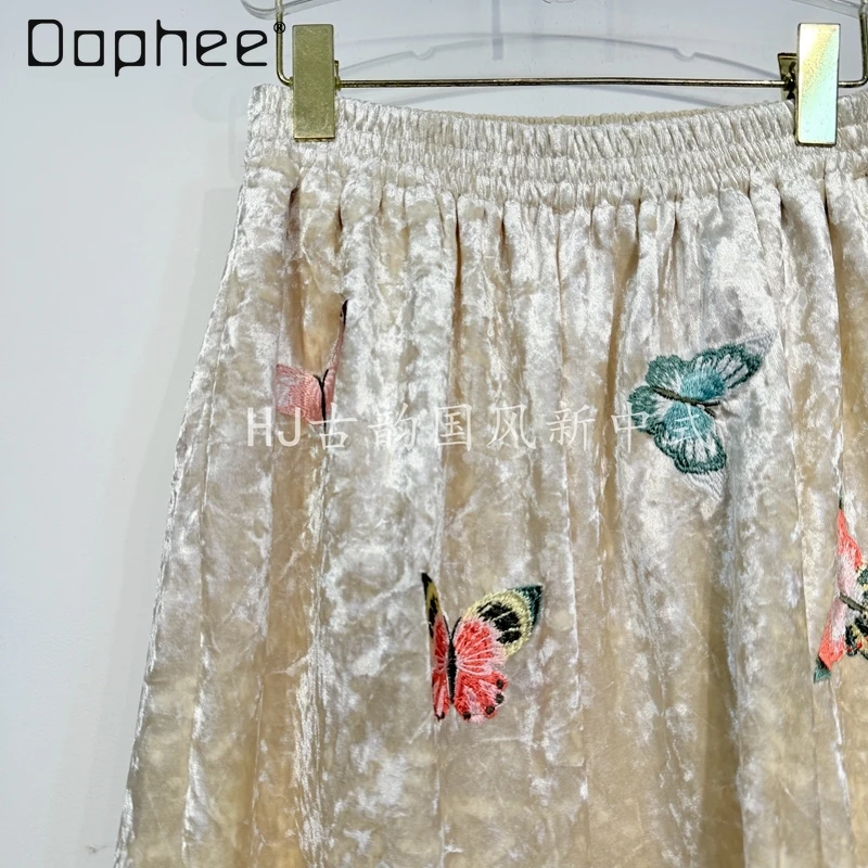 New Chinese Style Elastic Waist Heavy Embroidery Butterfly Velvet Wide Leg Pants Winter New Elegant Temperament Straight Pants