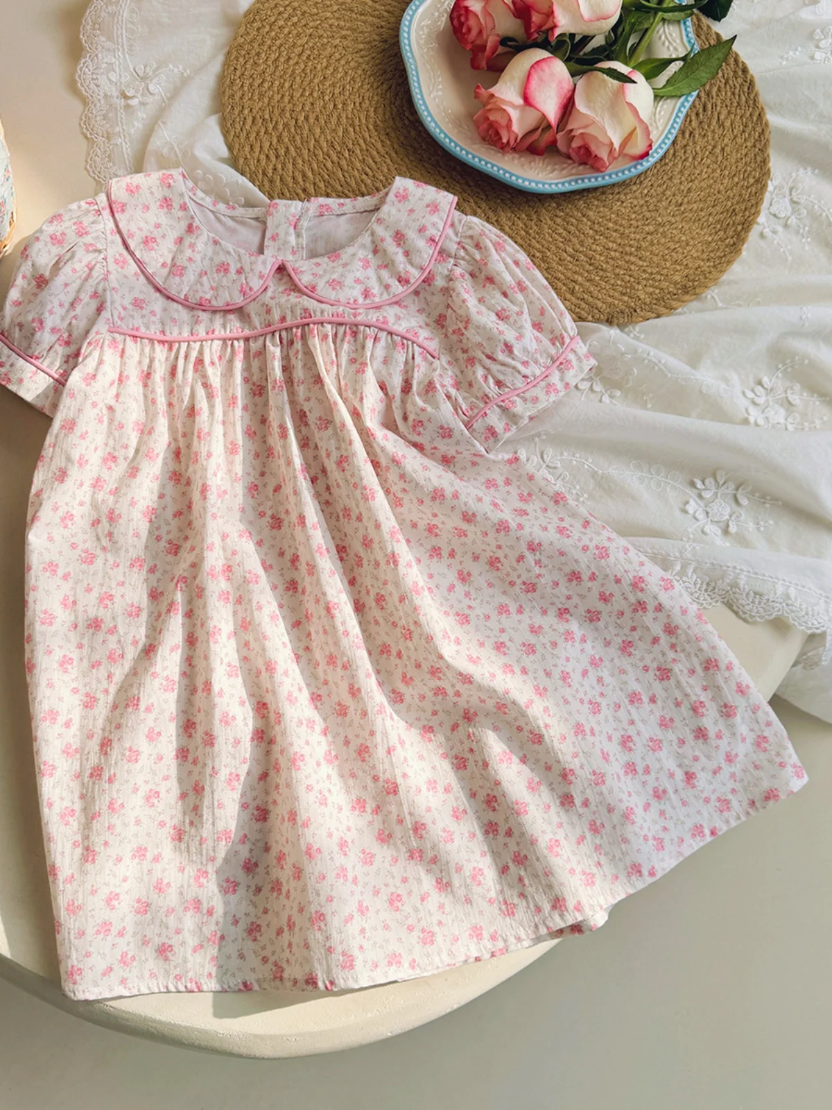 

Korean Sle Floral Print Dr for Little Girls with Doll Collar Summer New Arrival Princ Skirt ort Sve Regular Length