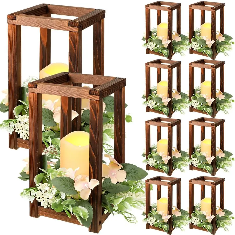 

30 Pcs Wooden Wedding Lantern Centerpiece Integrated Holders with Candles and Wreaths Rustic Wooden Candle Lantern Decor for Wed