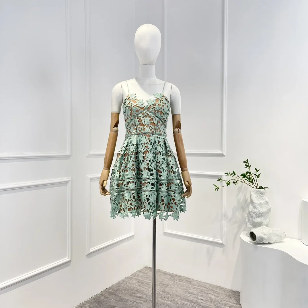 

Women's Summer Sleeveless Dresses Lace Mini Dress Mint Green Vintage Original High Quality Elegant New 2024 for Holiday Birhday