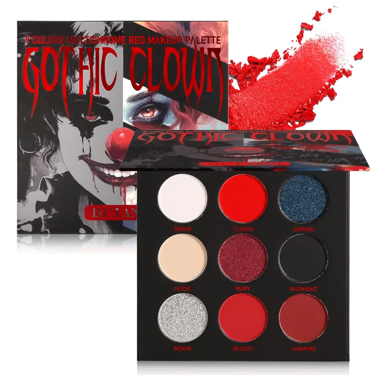 Goth Clown Black Red Eyeshadow Palette  Halloween Makeup, White Silver Glitter Metallic Red Black Eyeshadow Palette Joker Zombie